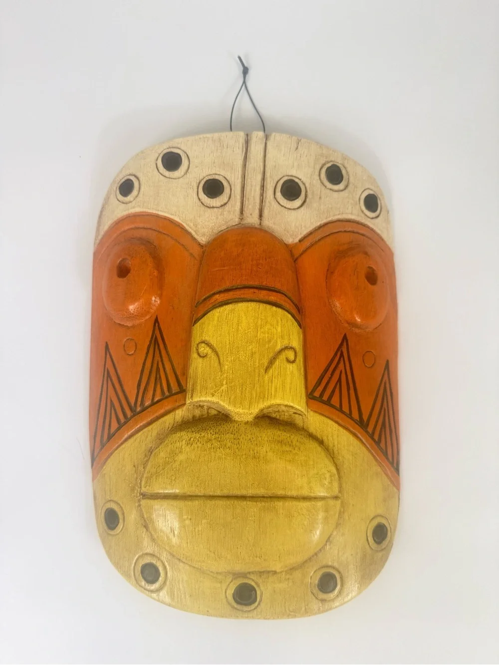 Handcarved Wooden Tribal Mask Wall Decor 3D Orange Tan Black